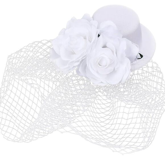 Fascinators - White Derby Hat Elegant Tea Party with Veil Floral - Picture 2 of 10